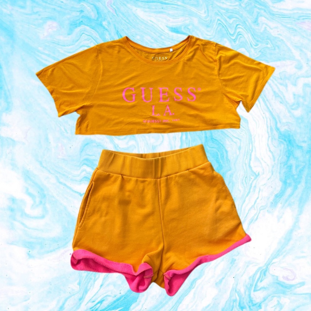 GUESS Women's Shorts Pink Orange Fleece High-Waisted
